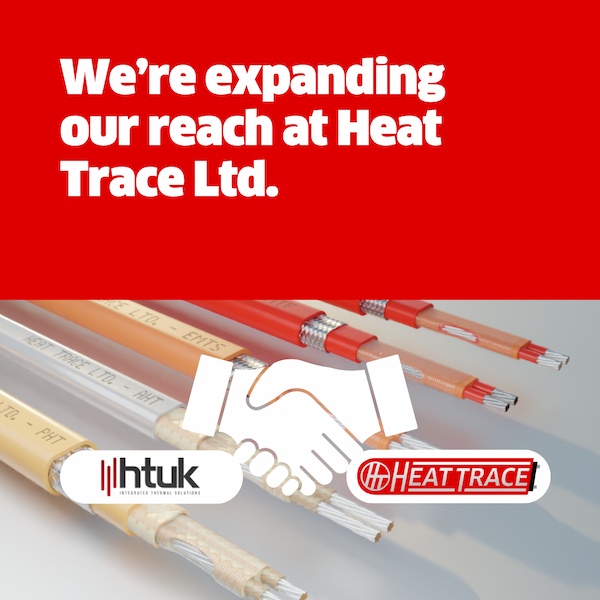 Two hands shaking above an image of cables, with Heat Trace Ltd. Logo beside HTUK logo
