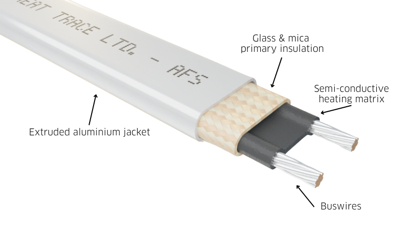White cable with specs for winter protection heat tracing