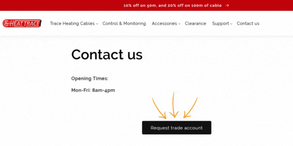 Contact us page on Heat Trace webshop with arrows pointed to Request Trade Account button