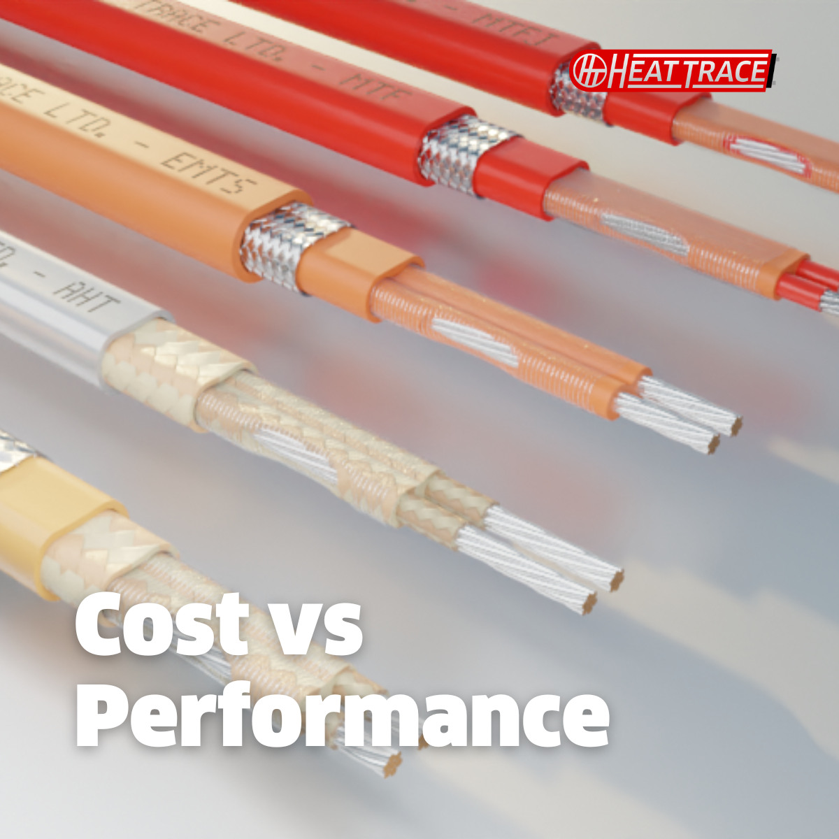 Trace heating cables in different colours with the words 'Cost vs Performance' over the top